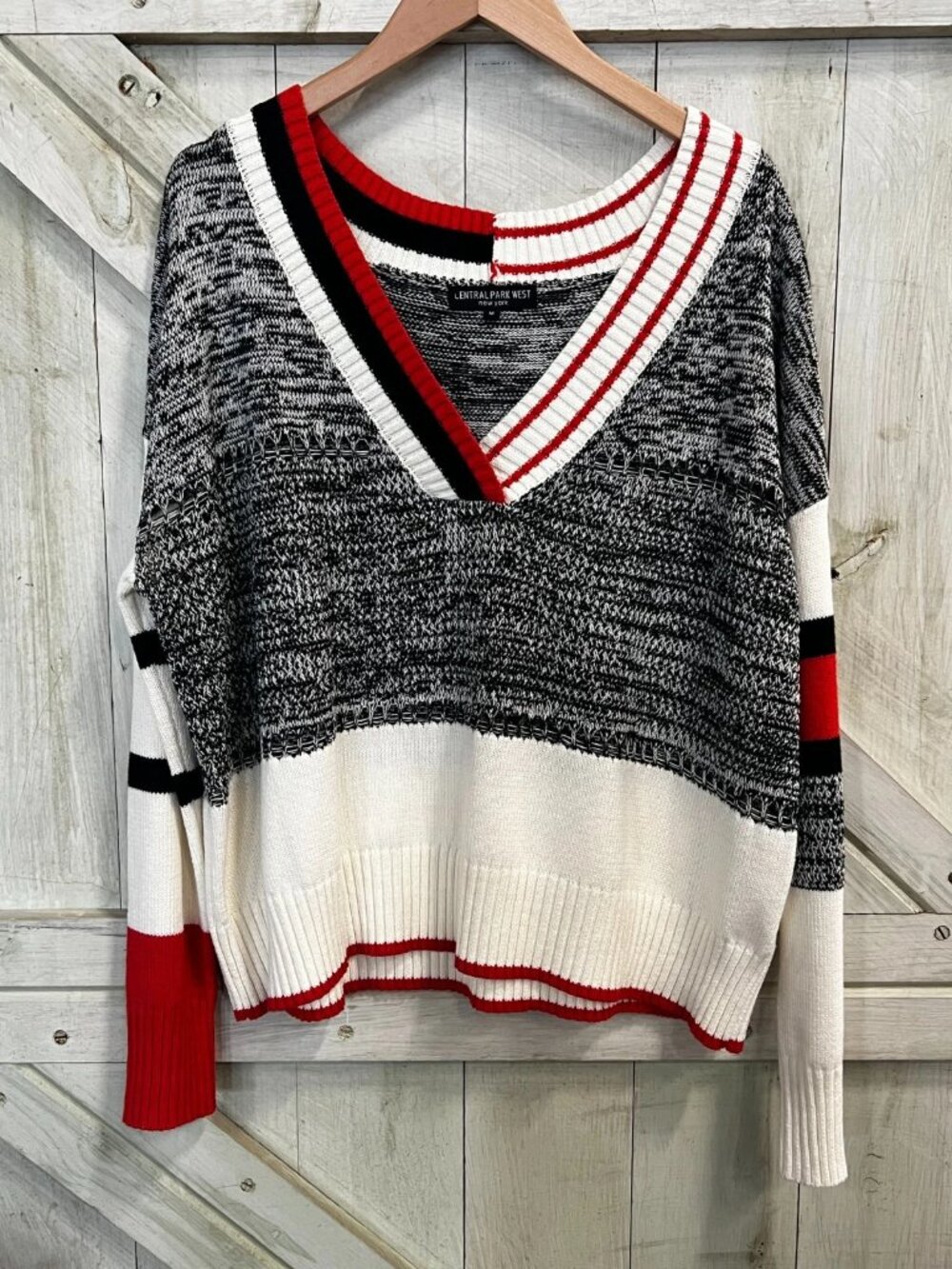 Central Park West Varsity V Neck Mingled Sweater Size M